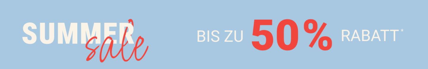 Blauer Banner: "Summer Sale, bis zu 50 % Rabatt".
